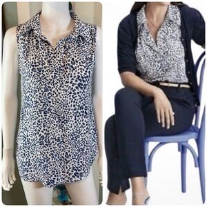 Cabi Catwalk Leopard Cheetah Blue White Collared Sleeveless Blouse Tank Top 5912